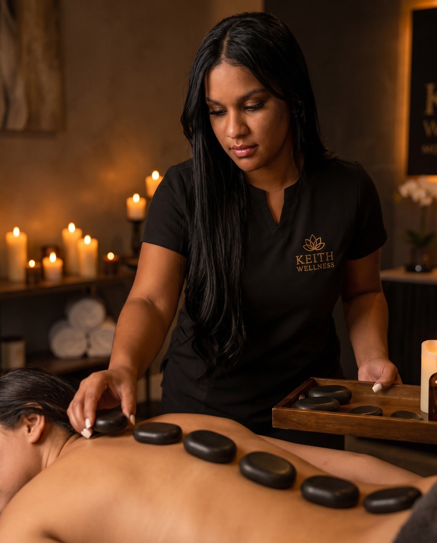 Keith performing a hot stone massage with heated basalt stones