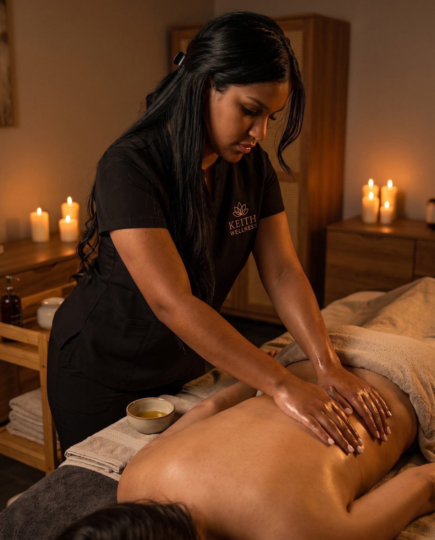 Keith performing a Swedish massage with warm oil, candlelit room